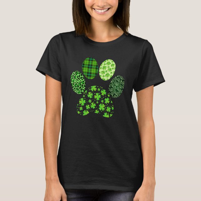 Camiseta Irish Dog Paw Clovers St Patricks Day Leopard Plai (Frente)