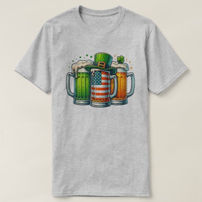 Camiseta 🇮 🇪 Irish Hat, American Flag & Beer (Frente do Design)