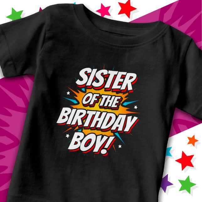 Camiseta Irmã de Aniversariante de Quadrinhos de Festa de S (Criador carregado)