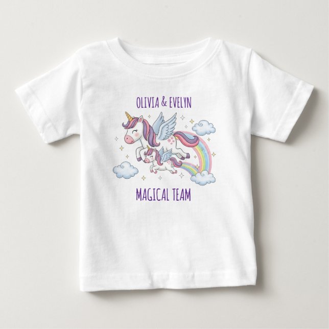 Camiseta Irmãs de Equipe Voadora Mágica Unicórnio (Frente)