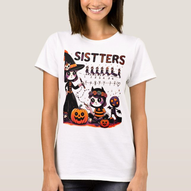 Camiseta Irmãs do Halloween - Prática Escrevendo assustador (Frente)