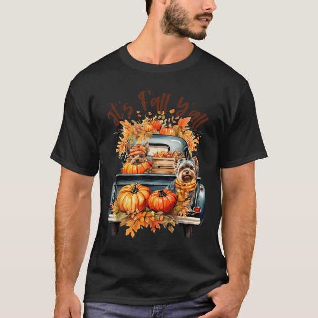 Camiseta It’s Fall Y’all Yorkie Dogs Pumpkins Truck Autumn  (Frente)