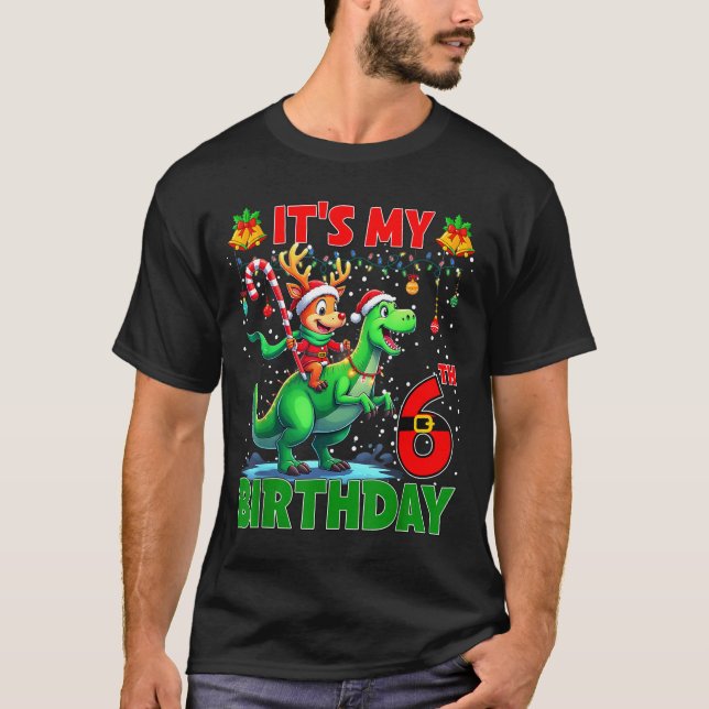 Camiseta It’s My 6th Birthday Xmas Reindeer Riding Dinosaur (Frente)