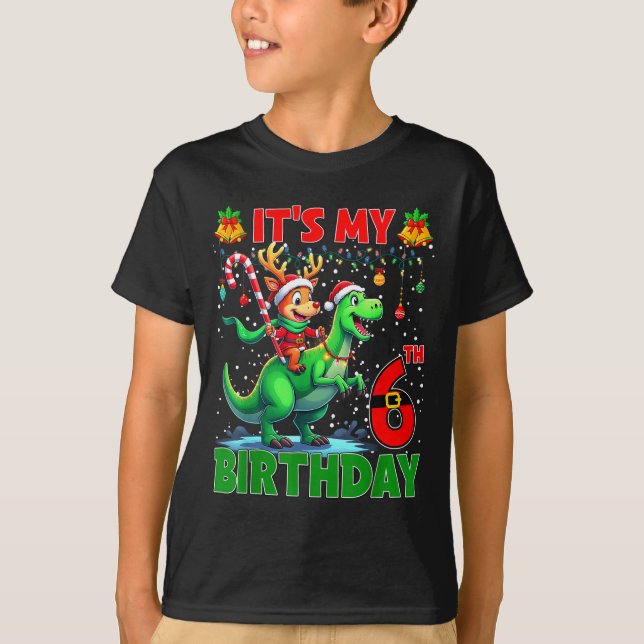 Camiseta It’s My 6th Birthday Xmas Reindeer Riding Dinosaur (Frente)