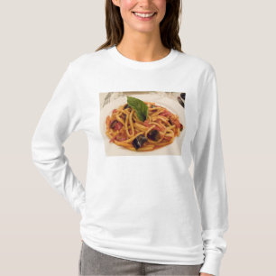 Camiseta Itália, Positano. Prato de massa e berinjela.