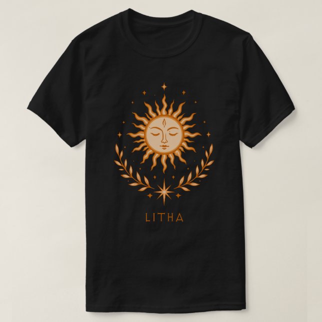 Camiseta itha Celestial Sun Face Botanical Wreath Art (Frente do Design)