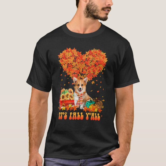 Camiseta It's Fall Y'all Corgi Dog Pumpkin Autumn Tree Than (Frente)