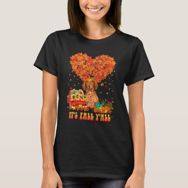 Camiseta It's Fall Y'all Dachshund Dog Pumpkin Autumn Tree  (Frente)
