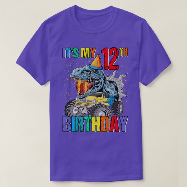 Camiseta It's My 12th Birthday Monster Truck Dinosaur Boys  (Frente do Design)
