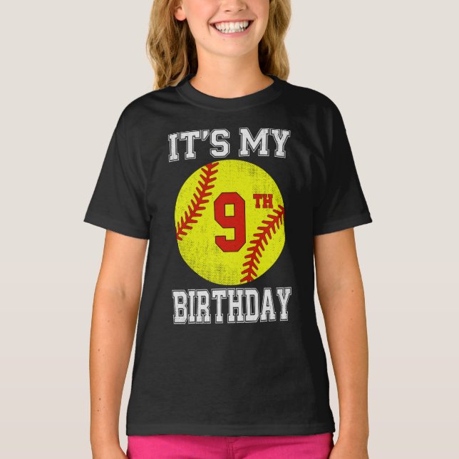 Camiseta It's My 9th Birthday Girl Softball 9 Year Old (Frente)