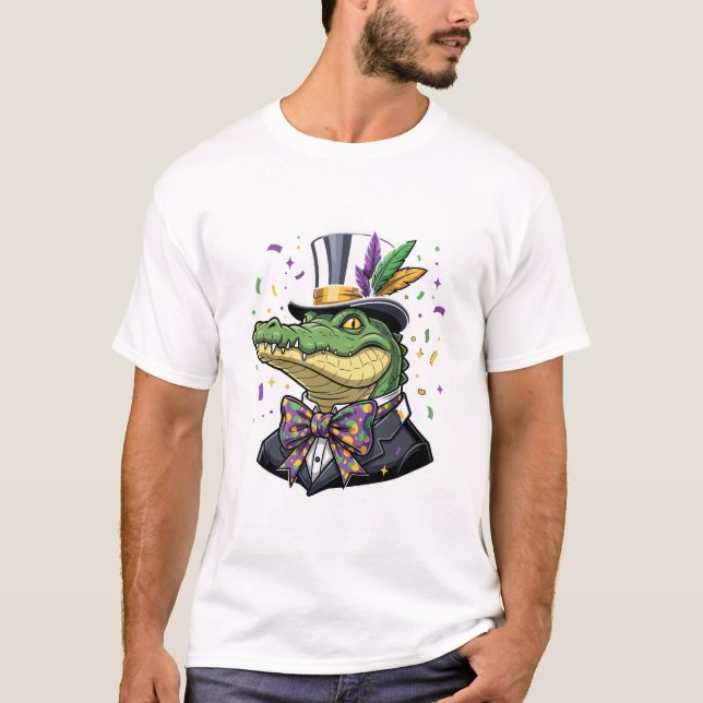 Camiseta Jacaré Elegante do Mardi Gras em Smoking e Cartola (Frente)