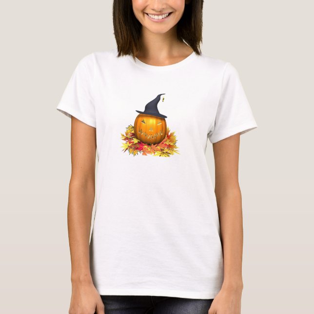 Camiseta Jack-O-Lanterna e Folhas- (Frente)