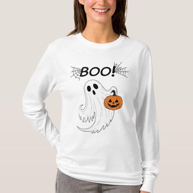 Camiseta Jack-o-lanterna e um fantasma branco Boo Halloween (Frente)