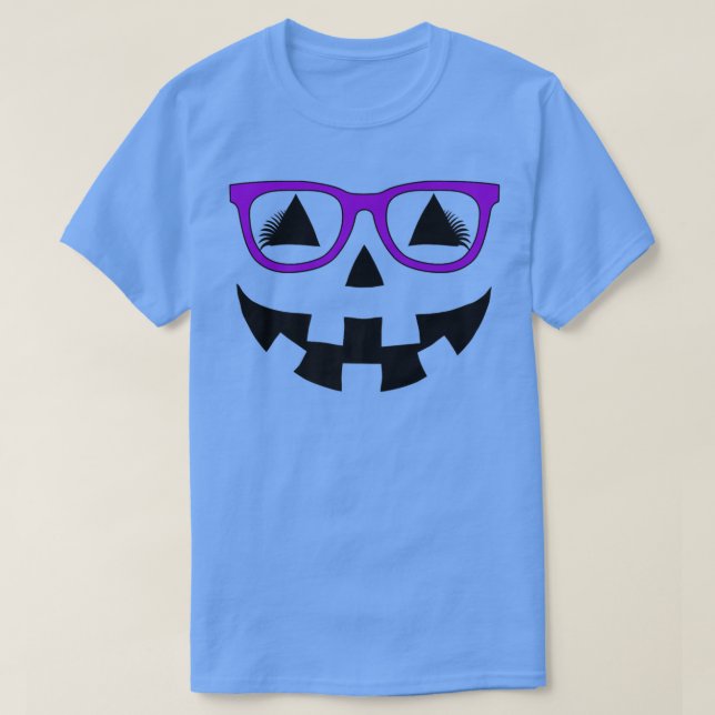 Camiseta Jack O Lanterna Pumpkin Face Óculos Roxos (Frente do Design)