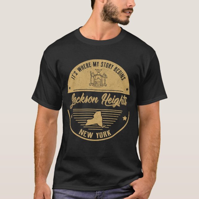 Camiseta Jackson Heights New York É onde minha história com (Frente)