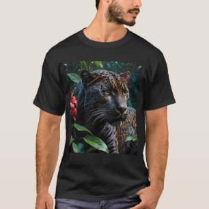 Camiseta Jaguar melanístico nas flores vermelhas da selva