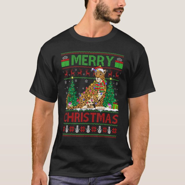 Camiseta Jaguar   Xmas Tree Lights Ugly Santa Jaguar Christ (Frente)