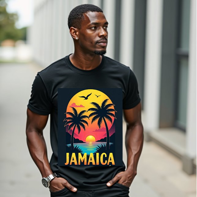Camiseta Jamaica Retro Sunset - Árvore Tropical de Palm Vin (Criador carregado)