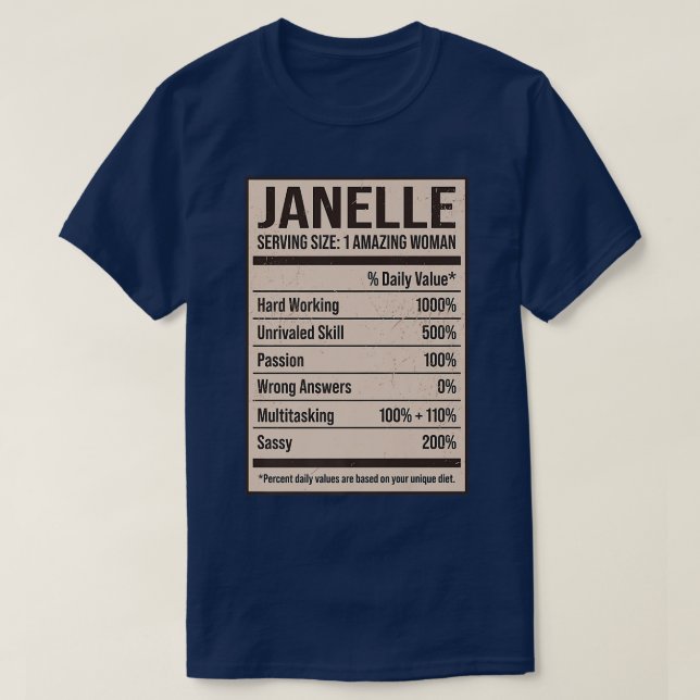 Camiseta Janelle Nutrition Facts Nome Alias Título do Apeli (Frente do Design)