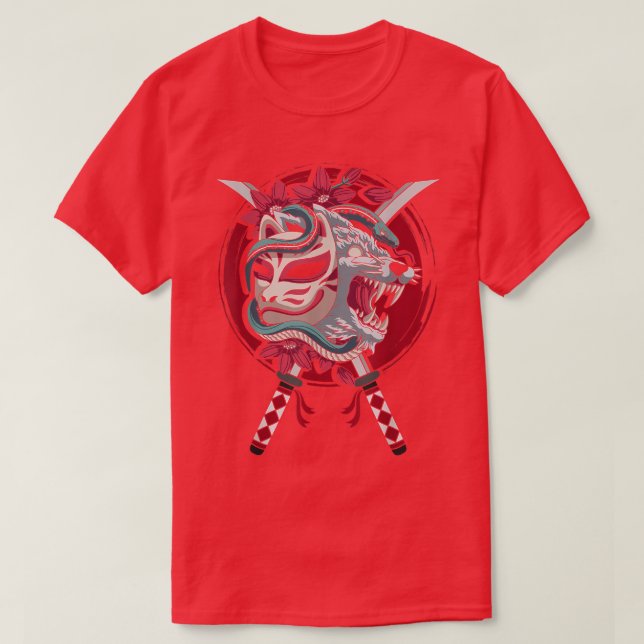 Camiseta Japan Anime Mask Kitsune Style Samurai Oni Monster (Frente do Design)