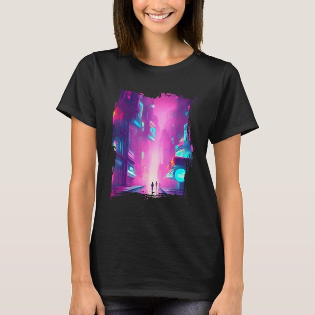 Camiseta Japan Pink Blue Lights Vaporwave City (Frente)