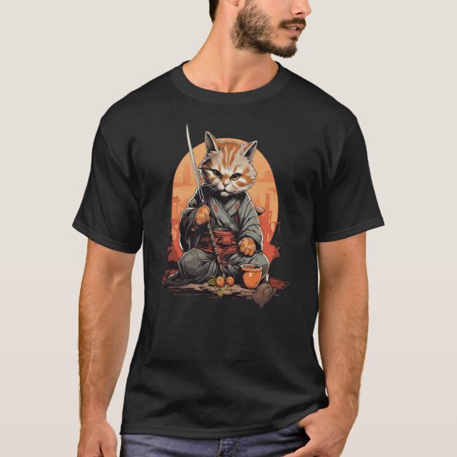 Camiseta Japanese anime kawaii cat samurai ninja drinking t (Frente)