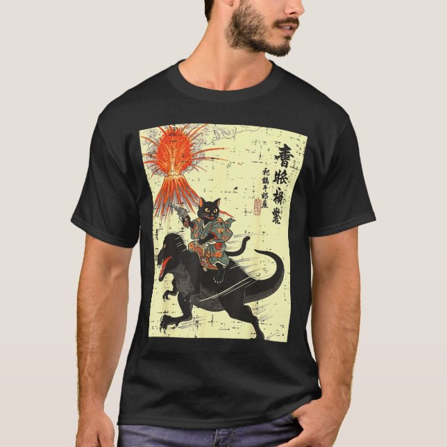 Camiseta Japanese Black Cat On Trex Funny Ukiyo-e Boys Kids (Frente)
