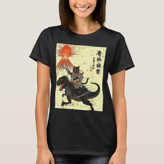 Camiseta Japanese Black Cat On Trex Funny Ukiyo-e Boys Kids (Frente)