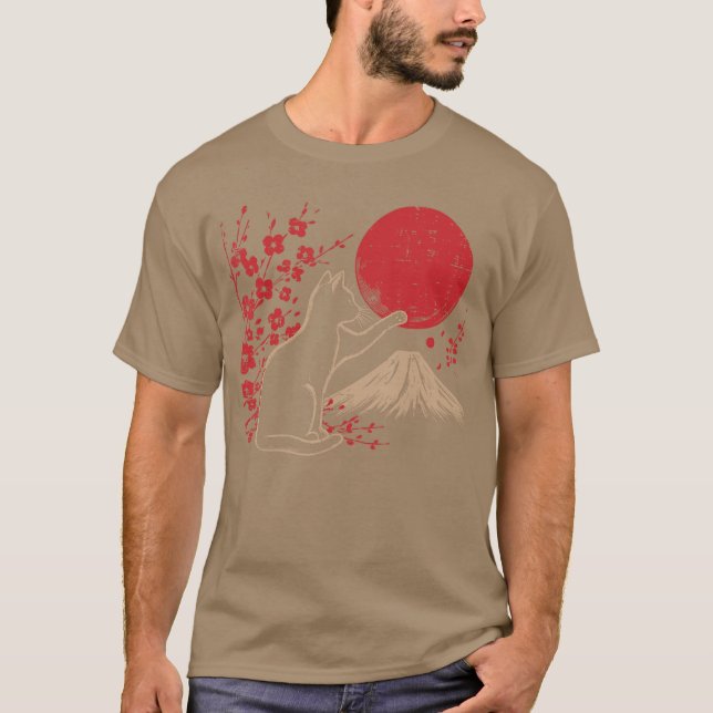 Camiseta Japanese Cat Cherry Blossom Mountain Sun Art Women (Frente)