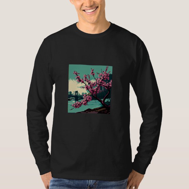 Camiseta Japanese Cherry Blossom tree river suspension brid (Frente)