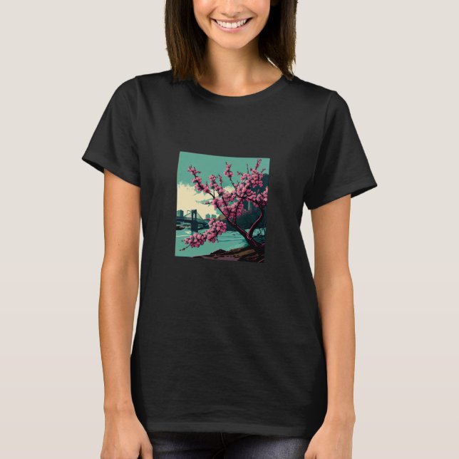 Camiseta Japanese Cherry Blossom tree river suspension brid (Frente)
