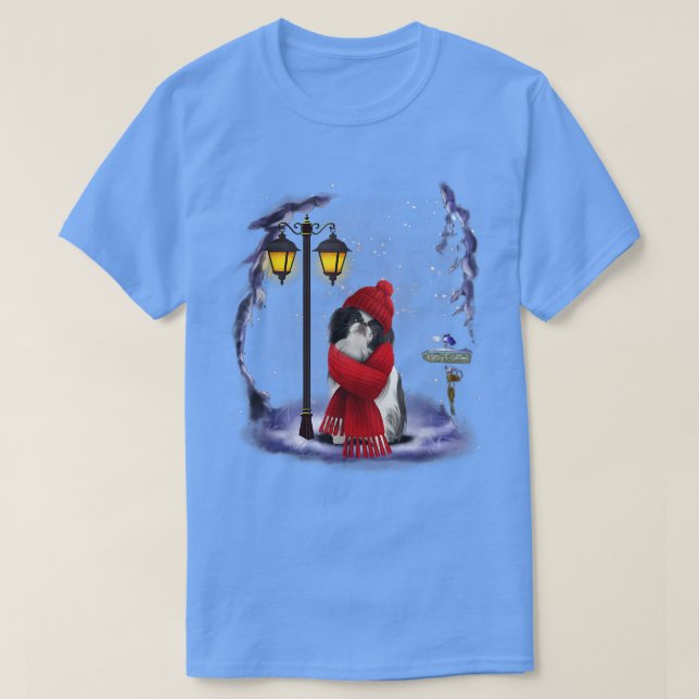 Camiseta Japanese Chin Papai Noel Neve Luz de Natal Inverno (Frente do Design)
