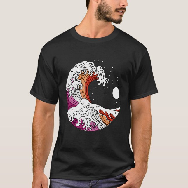 Camiseta Japanese Great Wave Lesbian Pride Flag WlW Gay Gir (Frente)