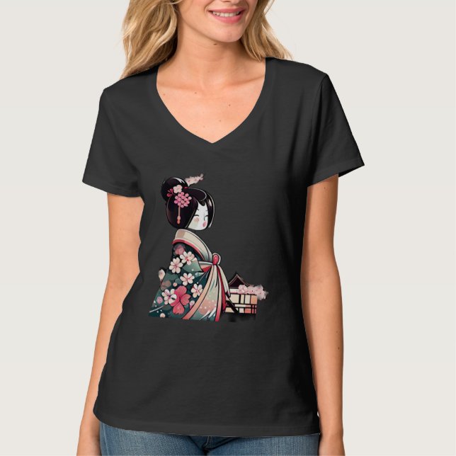 Camiseta Japanese Lady Geisha with cherry blossoms (Frente)