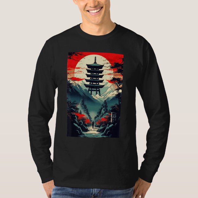 Camiseta Japanese Landscape Mountains Valley Tower Sunset (Frente)