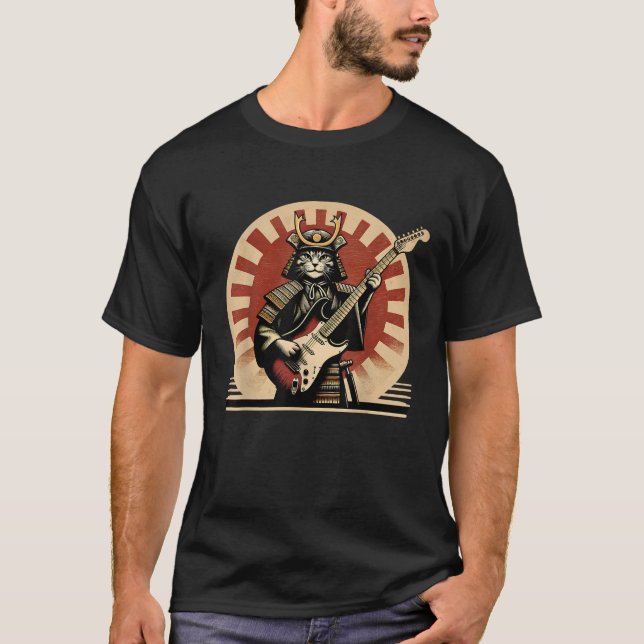 Camiseta Japanese Samurai Cat Playing Electric Guitar Retro (Frente)