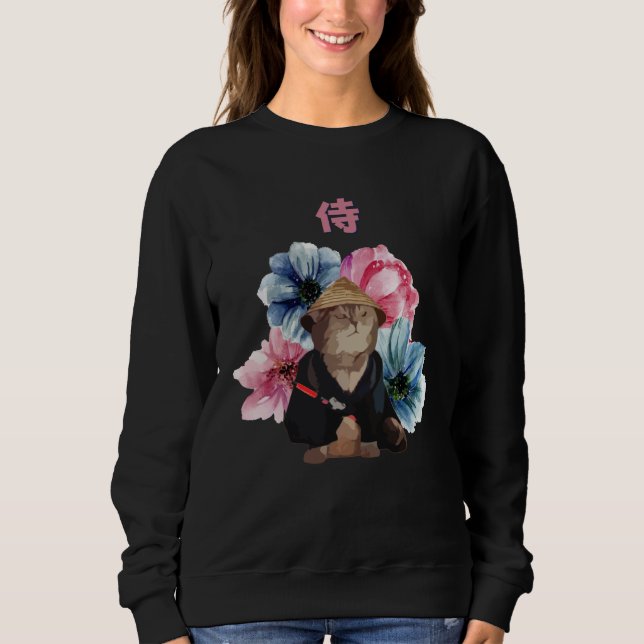 Camiseta Japanese Samurai Cat Watercolor Flowers (Frente)