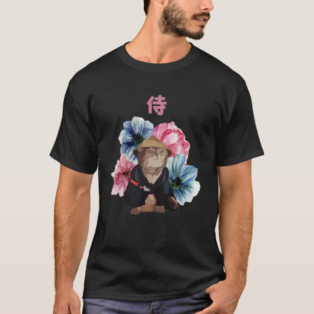 Camiseta Japanese Samurai Cat Watercolor Flowers (Frente)