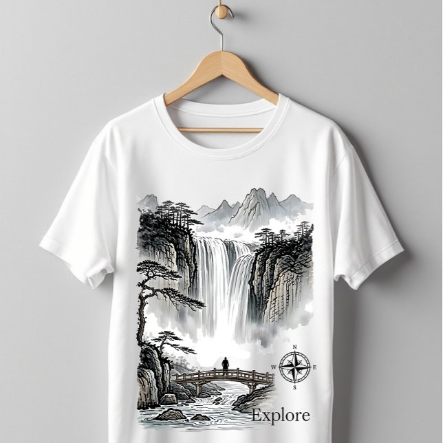 Camiseta Japanese Sumi-e Waterfall Zen Explore Landscape (Criador carregado)