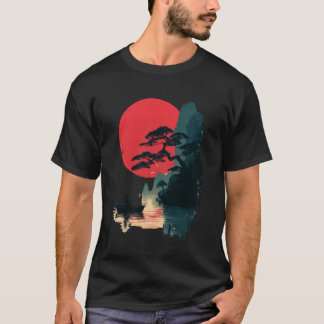 Camiseta Japanese Sunset Bonsai Lake Fisherman Silhouette L