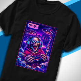 Camiseta Japanese Synthwave Sci Fi UFO Skeleton Cool Gamer