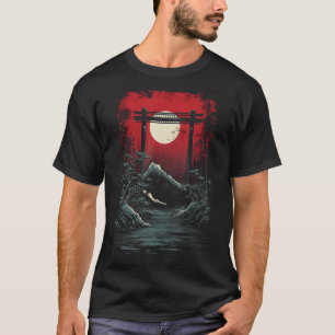 Camiseta Japão Montanha Fuji Art Red Moon Graphic Te
