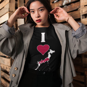 Camiseta Japão Vertical Eu Amo Mapa de Bandeiras Japonesas