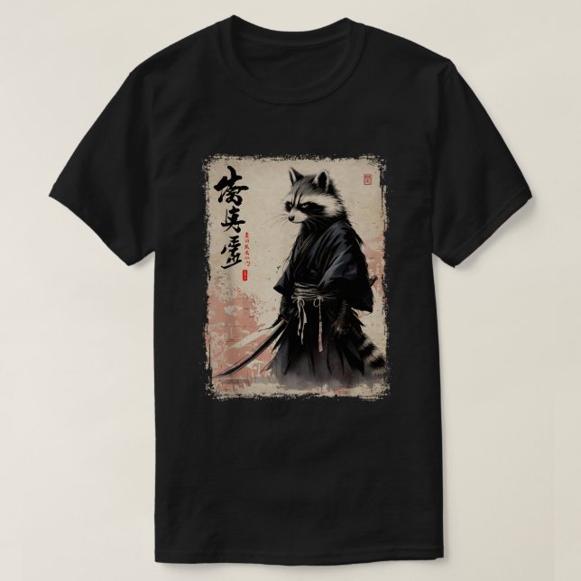 Camiseta Japonês Art Raccoon Samurai (Frente do Design)