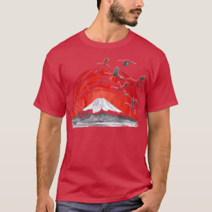 Camiseta Japonês Art Volcano Stork Crane Japão Art Sakura