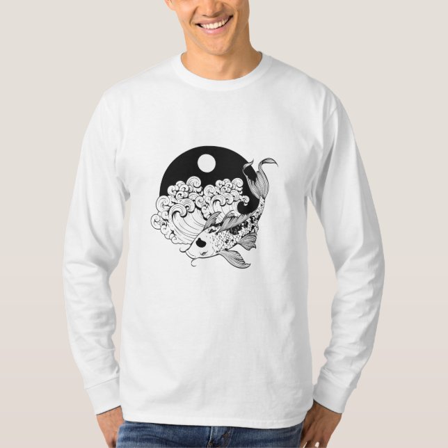 Camiseta Japonês carp koi com Yin e Yang Background (Frente)