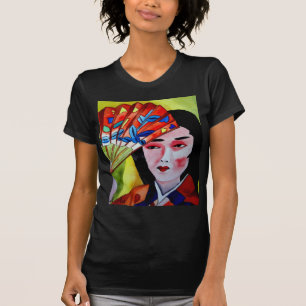 Camiseta japonês Geisha com fã aquarela arte original