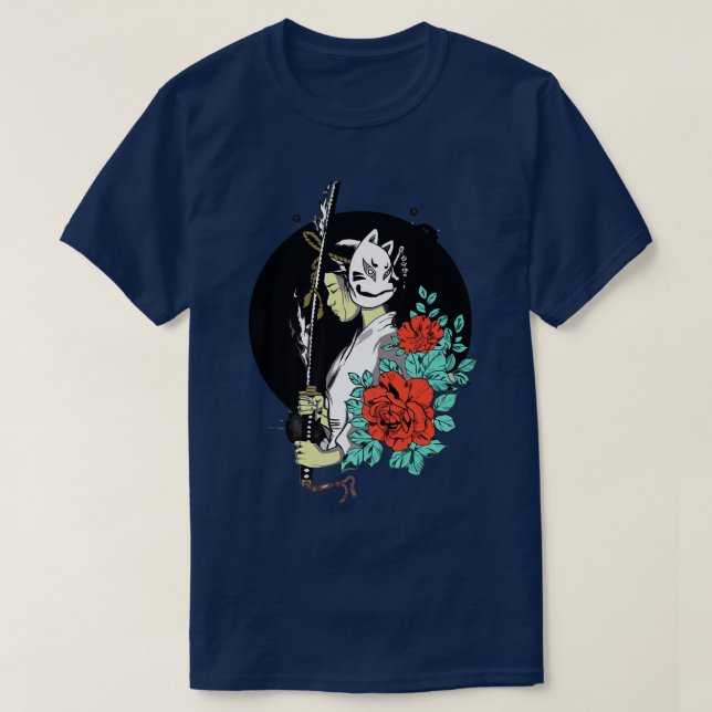 Camiseta Japonês Geisha com Oni Mask Yokai Samurai (2) (Frente do Design)