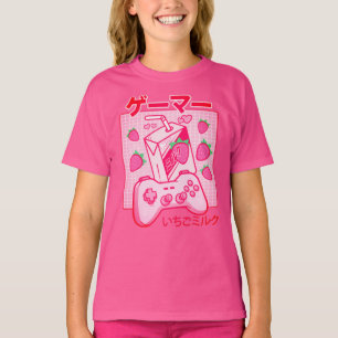 Camiseta Japonês Kawaii Strawberry Milk Mostra Leite Engraç