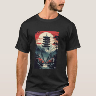 Camiseta Japonês Pagoda Moon Retro Japão Samurai Art Vinta